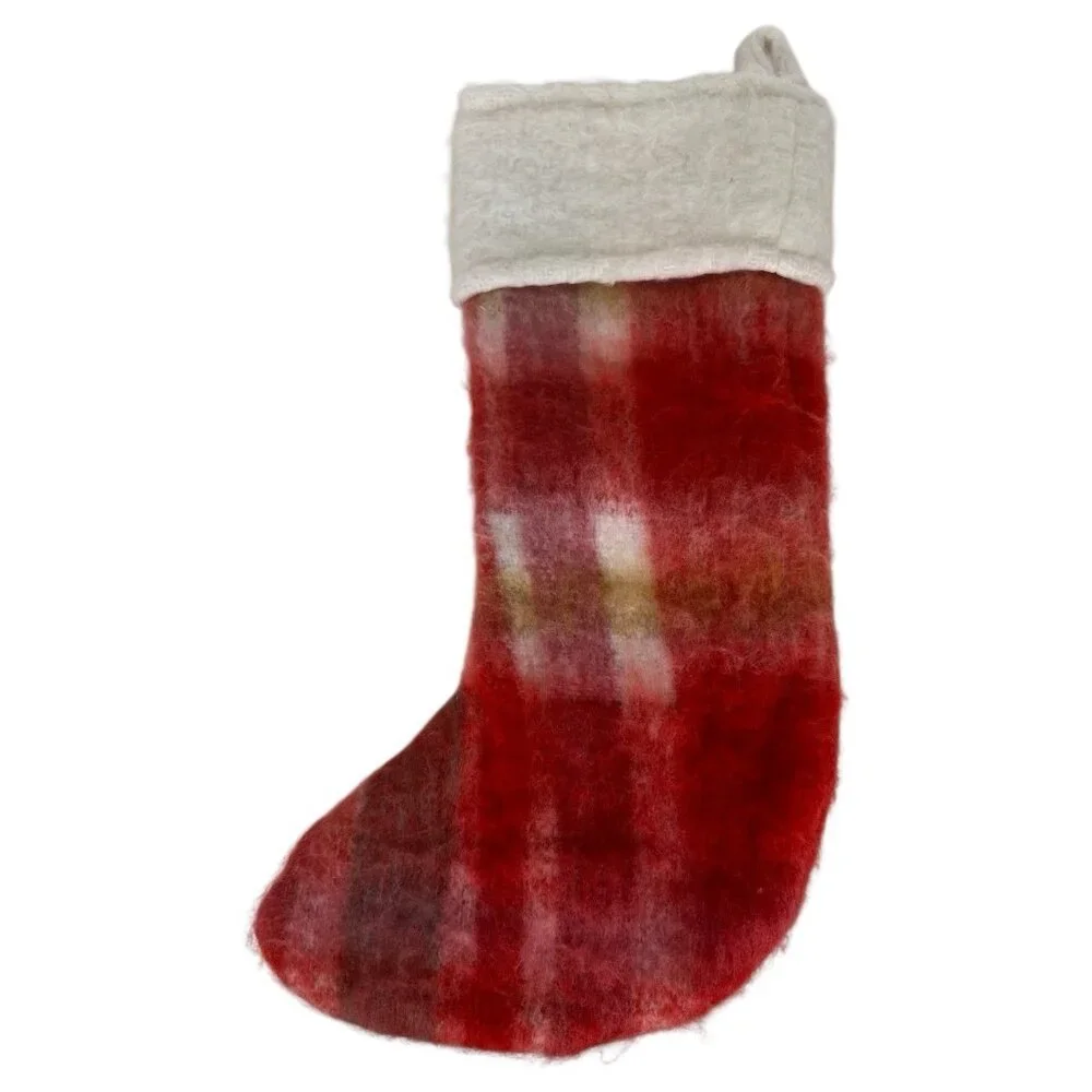 West Elm Christmas Stocking plaid mohair soft christmas holiday cabin boho chic
